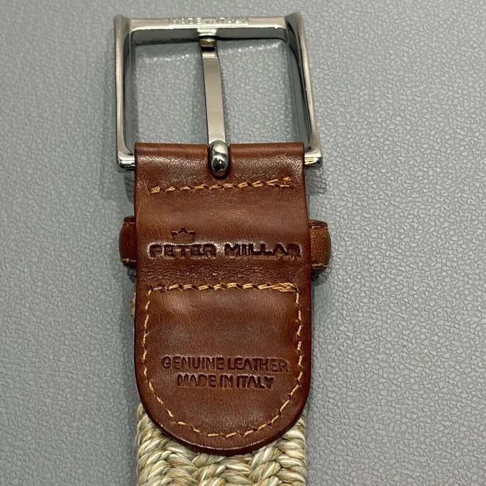 Peter Millar Waxed Braided Belt Men’s 38 Beige / Gray Stretch Golf Casual 1 3/8”
